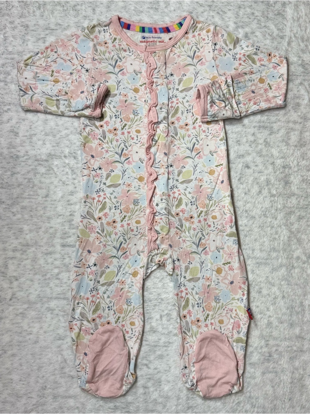 Magnetic Me Pink Floral Ruffle Footie Sleeper 3-6M Baby Girl Modal Garden Blush